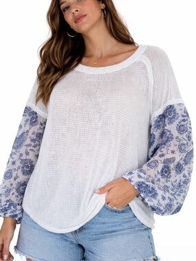 Blue Rain balloon sleeve knit body flowy boxy blouse SZ SM